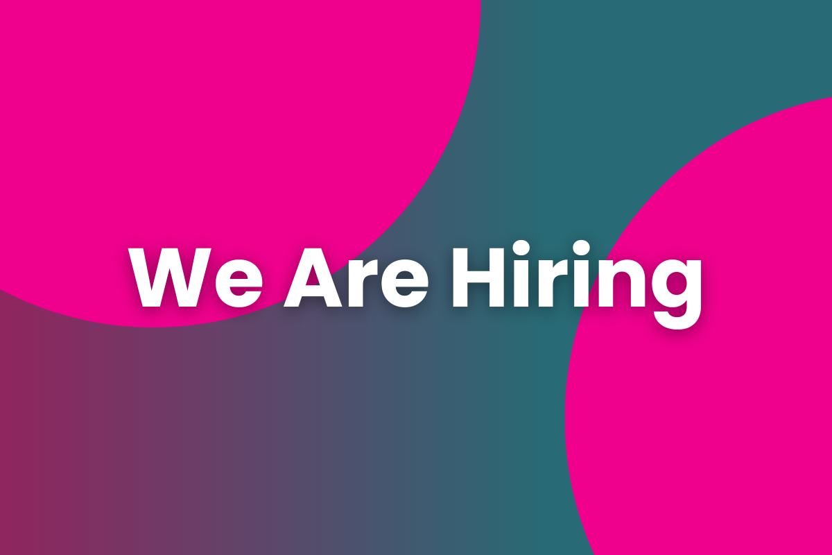 Text reads: We Are Hiring, on a pink and green abstract background.